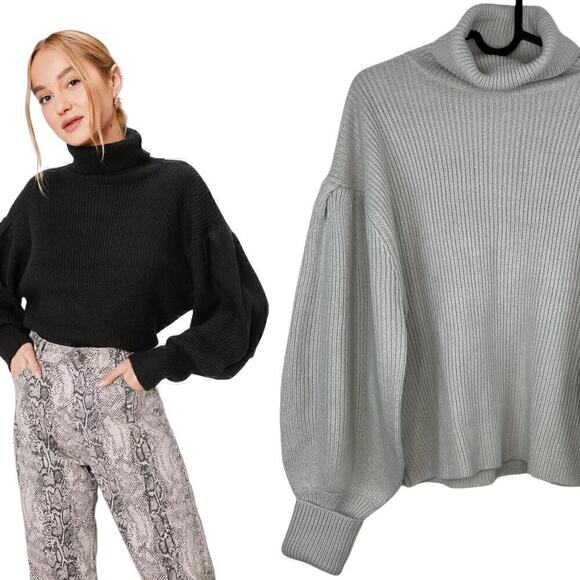 NWT Nasty Gal Roll Neck Puff Sleeve Deep Cuff Jumper in Silver Grey Size Medium - Picture 1 of 8